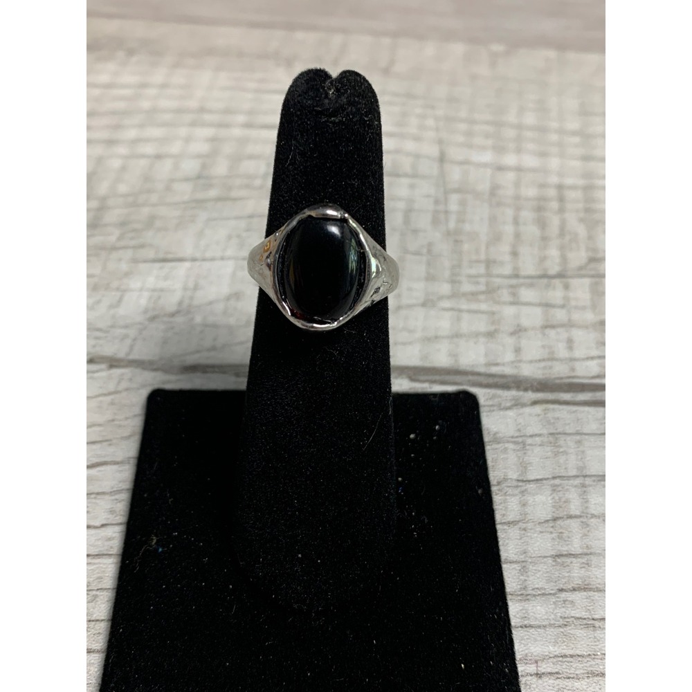 Vintage Black Onyx Style Oval Cabochon Silver Tone Statement Ring Size 5.5